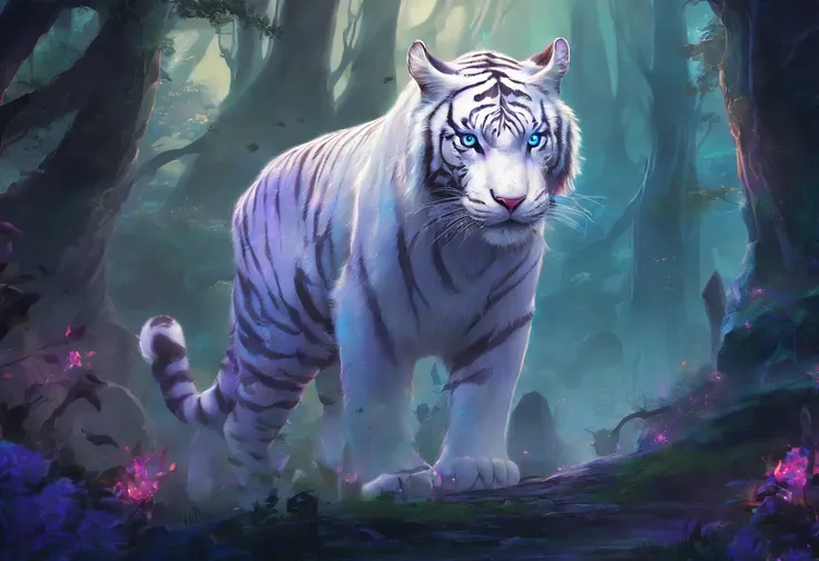 Chinese Mythical World White Tiger，Emits blue-violet light，glowing effect，natta，Forest，Going down the mountain，Medium shot，Full body like， Highly detailed and hyper-realistic visuals，oc rendered，(Best quality, 8K, A high resolution, tmasterpiece), (ultra -...