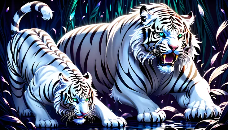 (((two fantasy creature characters of intricate detailed digital illustration:1.5))), (((a fierce with powerful white_tiger:1.3))), (((dark fantasy of epic detail illustration:1.3))), (((extremely intricate detail brushstrokes of chaos beauty phoenix:1.4))...