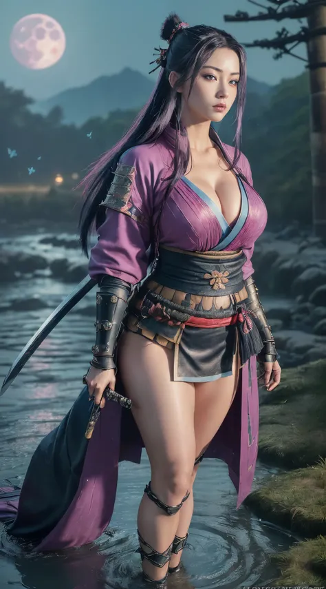 (Masterpiece, 8K resolution, ultra-realistic, very detailed), (beautiful face) (pretty eyes) (cleavage)(big breast)(wide hips)(narrow waist) (pearshaped figure) ((sensual  samurai standing pose)(holding sword in one hand)(ass closeup view)(wears pink samur...