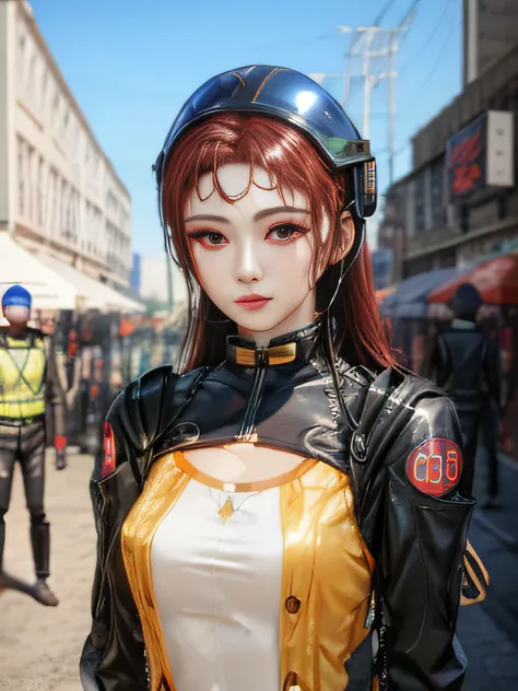 A woman wearing a helmet stands in front of a group of mannequins, Ju Jingyi Cyberpunk Art, Computer Graphics Association, retro-futurism, daz 3d, PS1 Graphics, dystopian art