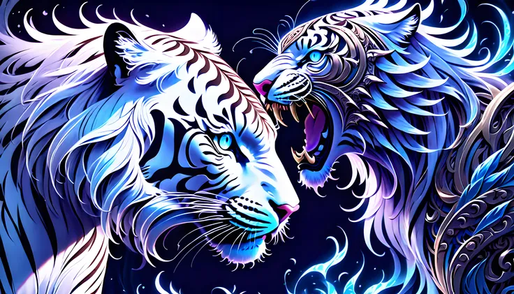 (((two fantasy creature characters of intricate detailed digital illustration:1.5))), (((a fierce with powerful white_tiger:1.3))), (((dark fantasy of epic detail illustration:1.3))), (((extremely intricate detail brushstrokes of chaos beauty phoenix:1.4))...