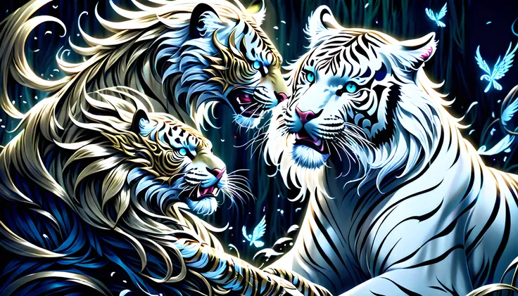 (((two fantasy creature characters of intricate detailed digital illustration:1.5))), (((a fierce with powerful white_tiger:1.3))), (((dark fantasy of epic detail illustration:1.3))), (((extremely intricate detail brushstrokes of chaos beauty phoenix:1.4))...