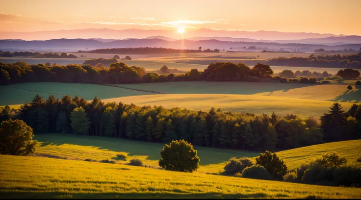 Eye level, usa countryside landscape, sunset light. UHD, retina, masterpiece, accurate, super detail, high details, high quality, award winning, best quality, highres, 16k, 8k, sunset light