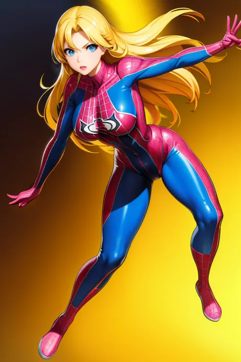 Cute girl , superhero , Tight fitting clothes, sexy body, sexy, yellow hair, Spider Man, full body