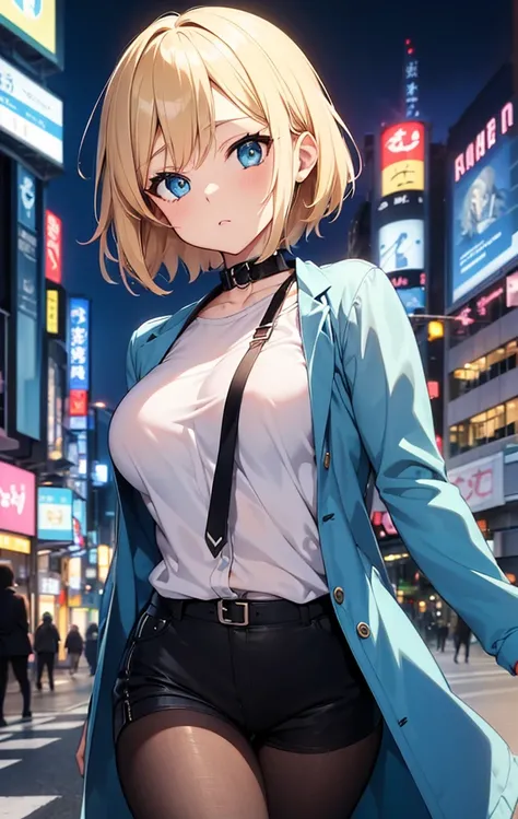 An ultra-high picture quality,2D Anime Style、Beautiful blue eyes,(Talented lo-fi:1.3),breasts are slightly larger、short blond hair,A cool adult woman with a crisp expression,formal fashion style,White tops,Short pants,Wear black tights,Wear a long black co...