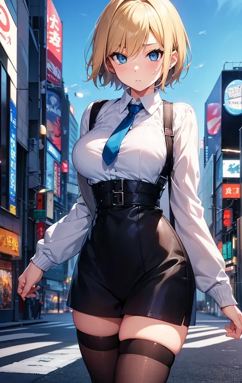 An ultra-high picture quality,2D Anime Style、Beautiful blue eyes,(Talented lo-fi:1.3),breasts are slightly larger、short blond hair,A cool adult woman with a crisp expression,formal fashion style,White tops,Short pants,Wear black tights,Wear a long black co...