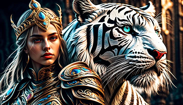 (((two characters intricate detailed digital illustration:1.5))), (((a fierce with powerful white_tiger:1.3))), (((dark fantasy of epic detail illustration:1.3))), (((extremely intricate detail brushstrokes of ride on knight girl with ornament sword:1.4)))...