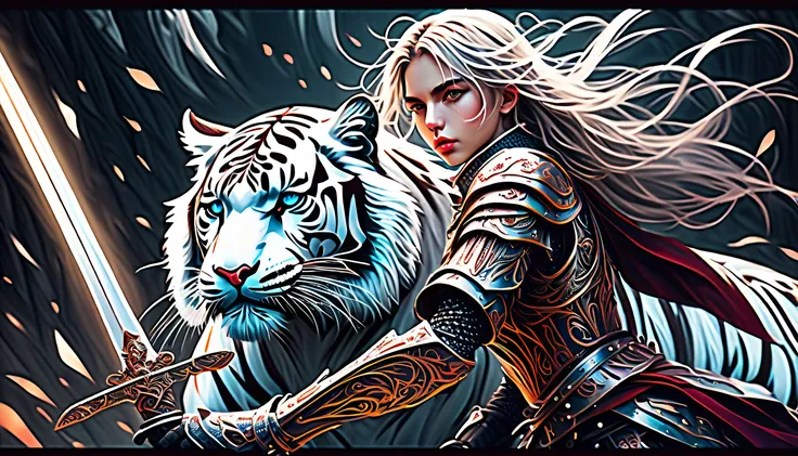 (((two characters intricate detailed digital illustration:1.5))), (((a fierce with powerful white_tiger:1.3))), (((dark fantasy of epic detail illustration:1.3))), (((extremely intricate detail brushstrokes of ride on knight girl with ornament sword:1.4)))...