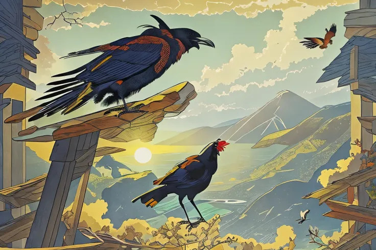 Halfway up the mountain，I saw the sun rising from the sea，The crow of the rooster heralds the dawn in mid-air.。