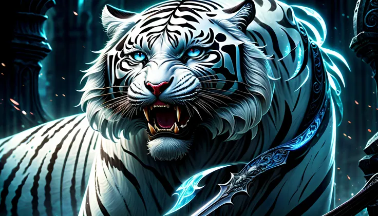 (((a fierce with powerful white_tiger:1.3))), (((dark fantasy creatures battle of epic battle illustration:1.3))), ride on knight girl with ornament sword, (large and slant up eyes:1.1), beauty glow eyes, cinematic angle, featuring dynamic clash between, r...