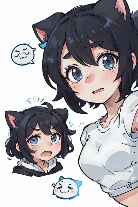 Cute puppy，expressions，f/64 groups，dog ears，black color hair，blue color eyes，Various expressions，having fun，grieves，sarcastic，despondency，adorable eyes，White BE, illustration-nii 5-style cute, emoji as illustration set, with boold manga line style,
dynamic...