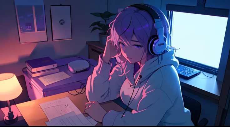 Lofi girl sitting at desk listening to music with headphones，Look out the window at night，Relaxing and comfortable bedroom environment at night，purple mood light