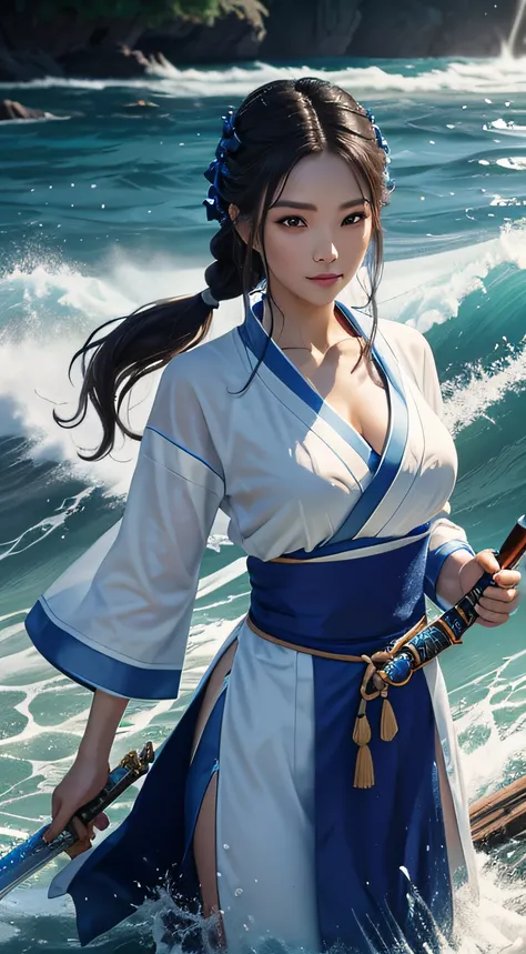 tmasterpiece, 1个Giant Breast Girl, closeup cleavage, Wear blue Hanfu, Chinese Traditional Cloth, ((Hold the water sword,)) cabelos preto e longos, hair braids, blue waves background, Water Effects, Ink painting style, nabel, Wet with, soaking, ssmile，large...