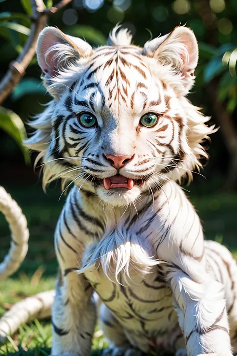 Green eyed white tiger cub, Lick lip, buck teeth, looking at viewert