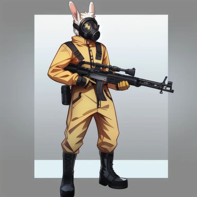 solo, male, rabbit, white colored fur, lean body, Anthropomorphic rabbit, yellow jumpsuit, black boots, gasmask, automatic Kalashnikov 47