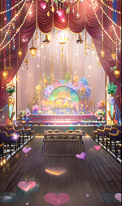 There is a stage，neonlight，stage lighting，colorful，vases，fresh flowers，curtain，crystal lamp，With heart shaped stage curtain and benches, dance hall background, Stage background, hanging lights，Anime background art, dance hall background, style of anime, li...