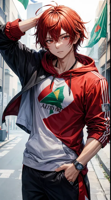 male anime character wearing a hoodie with a picture of the "red and white flag" with the name "Adit" in front of his chest and the Palestinian flag, perfect image 4k hd quality vol4