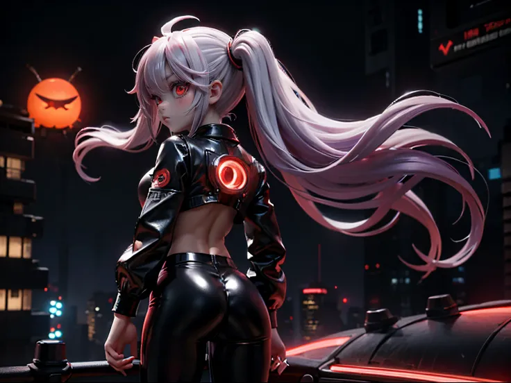 (A red-eyed girl with a cute oval-shaped white monster on her head.:1.2)、bright purple twintail hair、Black leather suit、a black skirt、Black pants、Rooftop of neon-lit cyberpunk futuristic city、deep in the night、Jumping、Aerial view from the back,　Back view, ...