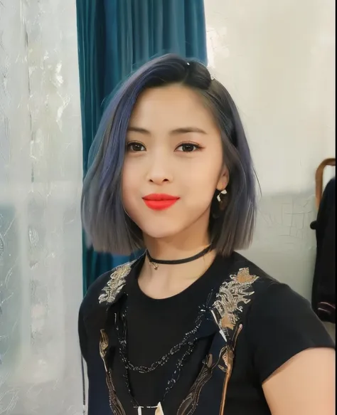 realistic, 1girl, navy hair, dark brown eyes, bright eyes, split lips, blush, cute, garden, day, short hair, perfect eyes, smile, red lips, ryujin itzy