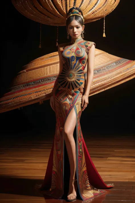 an indonesian-styled futuristic suit worn by a girl depicting cultural fusion and modern fashion. the suit is adorned with intri...