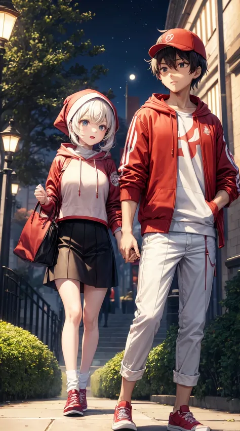 A couple of 3D anime characters, together in the park together. men wearing red and white hoodies, women wearing hijabs wearing red and white hoodies, at night the bright moon background