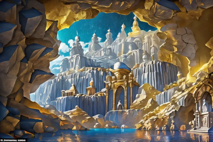 The blue sky in the cave is vast and endless，There is no end in sight，The light of the sun and moon illuminates the palace made of gold and silver