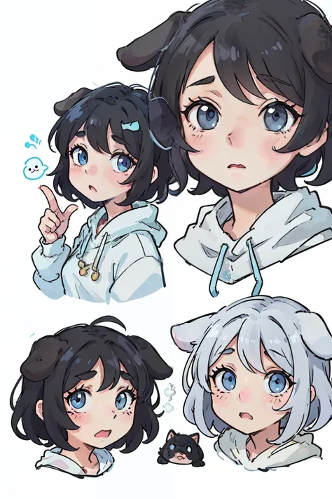 Cute puppy，black color hair，dog ears，Light blue eyes，Various expressions，having fun，expression，adorable eyes，White BE, illustration-nii 5-style cute, emoji as illustration set, with boold manga line style,
dynamic pose dark white，，f/64 groups，related chara...