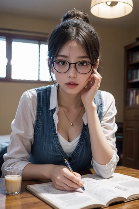 16yo woman， brunette color hair， short ponytail， transparent thin frame glasses， thinking face， （wear an open button shirt， medi...