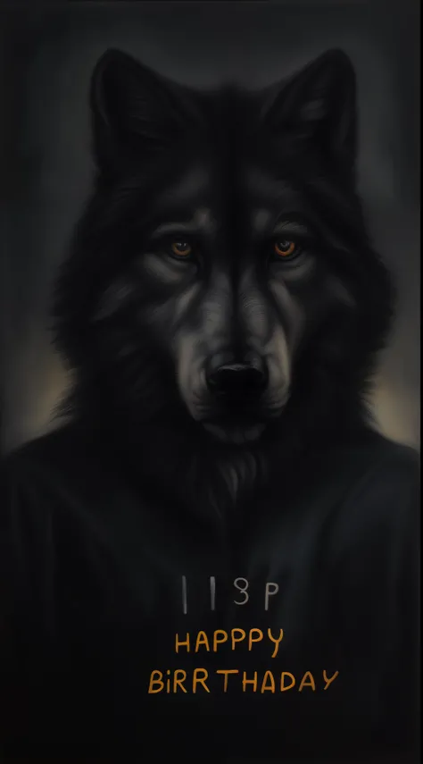 (a furry wolf staring at the viewer, looking sad, celebrating his birthday alone, wearing a birthday shirt, expressing sadness, new age, 23 years old), (oil painting), (detailed fur, realistic eyes), (best quality, highres), (dark and moody color palette),...