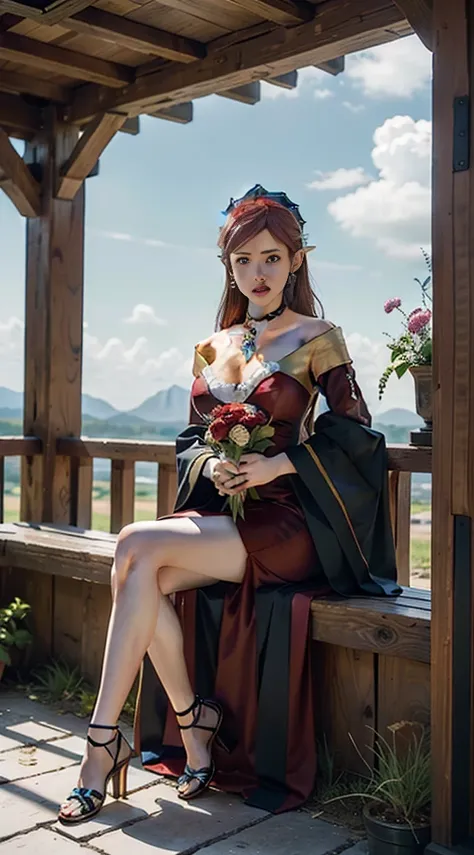 sitting straight symmetrical, sitting on grass, full body, solo girl looking to the camera, cow bell choker, metal sandals, , anime girl with red hair and red dress holding a bouquet, beautiful celestial mage, beautiful character painting, extremely detail...