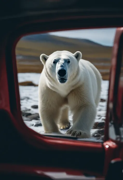 Photo-realistic 8k high-resolution images, Spitsbergen plateau in spring, Polar bear on the beach with a fish in its mouth, View through the side window of a Jeep Wrangler,Blue-red