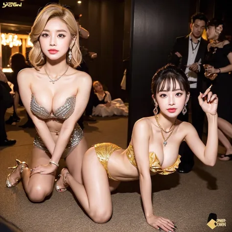 （japanes、1womanl、short-cut、a blond）、（Lie down and open legs）、(Pouty figure:1.2)、Golden micro mini with frills、(Clearly visible cleavage)、（large boob:1.2）、（Beautiful hands、beautiful nails、red lipsticks、a smile）、(耳环、Katyusha、gyuru、a necklace、piercings、Pedras...