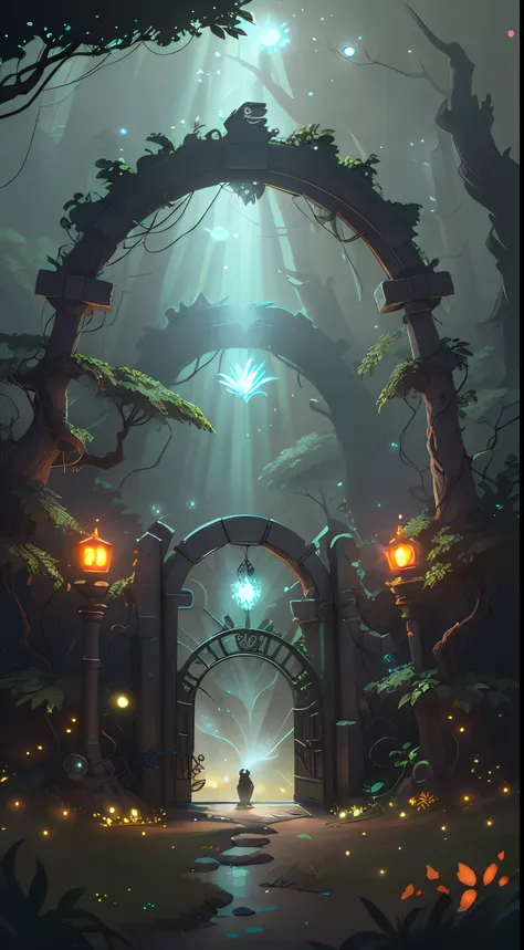 (Digital Artwork:1.3) of (Sketched:1.1) octane render of a mysterious dense forest with a large (magical:1.2) gate (portal:1.3) to the eternal kingdom, The gate frame is designed in a round shape, surrounded by delicate leaves and branches, with fireflies ...