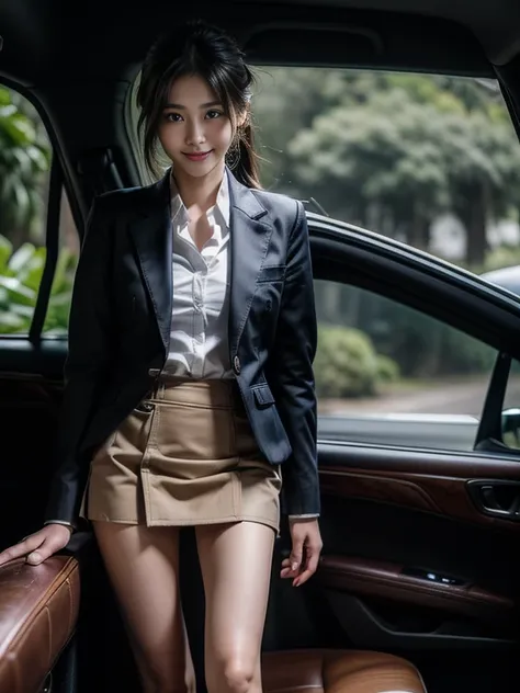 ((top-quality、in 8K、​masterpiece:1.3、Raw photo))、Super high quality photos, Inside a luxury limousine running through a tropical jungle, ((Wearing a business suit with jacket and skirt)), ((Beautiful Japanese woman sitting on a seat)),((Wear a white blouse...