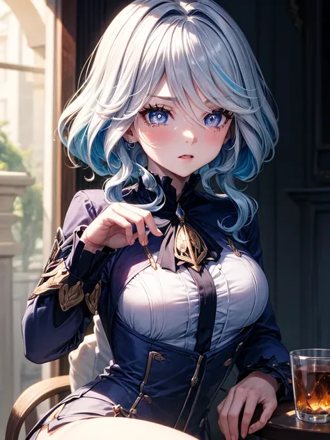 masterpiece, best quality, genshin impact, 1 girl, furina, white hair, blue hair, cute, white backround, tear shaped pupils,