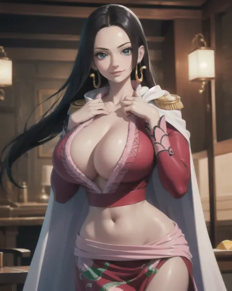 (masterpiece, best quality:1.2), cowboy shot, solo, 1girl, boa hancock, smile, looking at viewer, hand on breast, cape, epaulettes, cleavage, jewelry, earrings, midriff ,NSFW, official art, extremely detailed CG unity 8k wallpaper, perfect lighting, (maste...