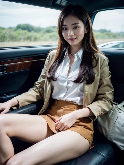 ((top-quality、in 8K、​masterpiece:1.3、Raw photo))、Super high quality photos, Inside a luxury limousine running through a tropical jungle, ((Wearing a business suit with jacket and skirt)), ((Beautiful Japanese woman sitting on a seat)),((Wear a white blouse...