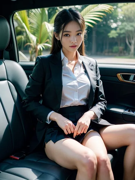 ((top-quality、in 8K、​masterpiece:1.3、Raw photo))、Super high quality photos, Inside a luxury limousine running through a tropical jungle, ((Wearing a business suit with jacket and skirt)), ((Beautiful Japanese woman sitting on a seat)),((Wear a white blouse...