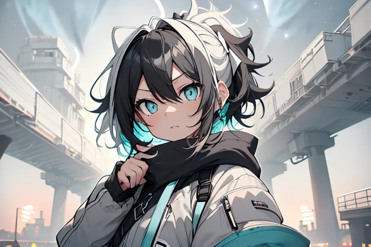 Highest Quality, masutepiece, front facing, 1 girl in, Turquoise eyes,  jet-black hair, Jacket (Gray white background:1.4), (night sky background:1.3),