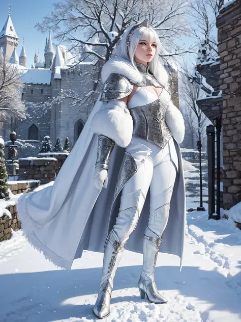 Furry white tiger woman stands on the street of a snowy castle, wearing shining armor (armor with a mirror surface) and a fur cape, winter, snowing, Medieval times, fantasy, white tiger woman