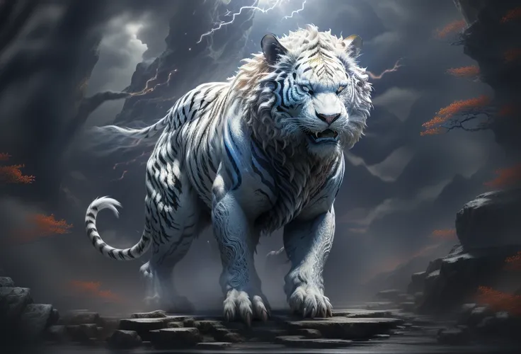 Dahuang Cave Scripture，A mythical beast in Chinese mythology(the white tiger), The white tiger is like a huge white tiger，Red eyes，Huge and powerful。It has a majestic body and sharp claws，The whole body is covered with fur as white as snow，White tigers usu...