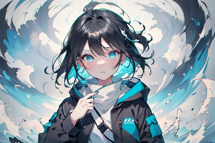 【Highest Quality, masutepiece】,Manteau, expressioness, front facing,1 girl in, Turquoise eyes,  jet-black hair, Jacket (Gray white background:1.4), (night sky background:1.3),