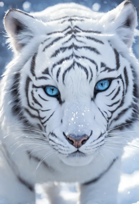 a closeup of a cute white tiger in the glimmering snow with sharp focus on the fox’s beautiful eyes and shiny fur, snow coming down, shallow depth of field, dynamic composition and dramatic lighting, HDR, blue, white --ar 9:18 --c 100 --s 879