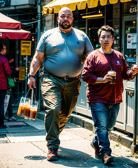 Can you generate a picture of a slightly overweight bald man holding a peroni and a feel good iced coffee