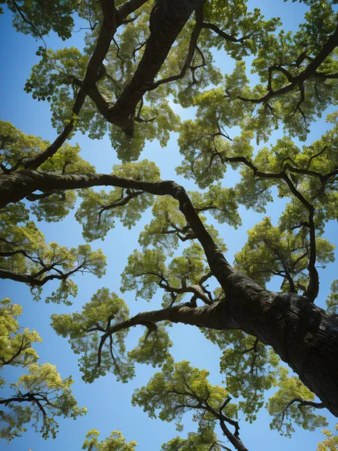 There are two trees standing side by side, look from down, branches wrapped around limbs, look from down, look from down, Intricate branches, look from down, up looking, Branches stretch out to the sky, Dangling branches, Viewed from slightly below, arbore...