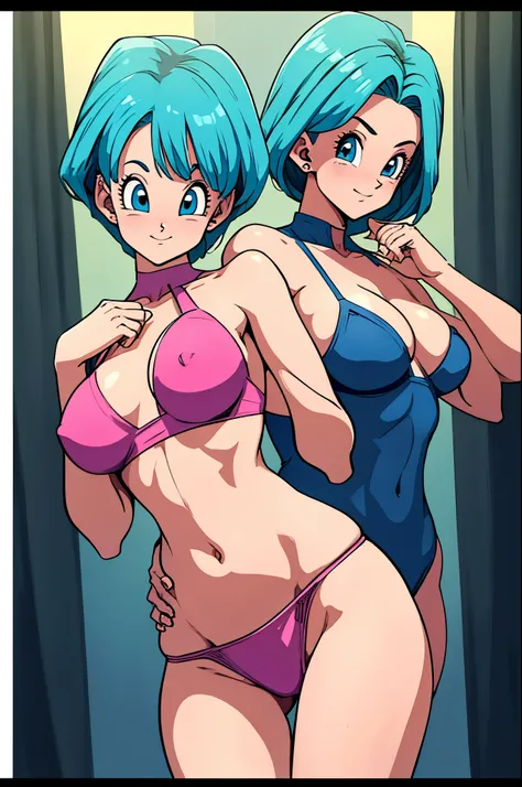 k hd, 8K, Detailed body, Detailed faces, Place your hands behind your back, Bulma in Dragon Ball Z, dark strong blue eye, ((Pink lingerie)), Bedrooms, ((mediuml breasts)), skiny and thin, body proportions equal, ((Focus on the breasts)), Front view, four f...