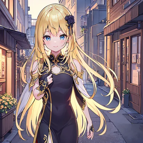 (beautiful Background,detailed background:1.5), Long hair, bangs, blonde hair, straight hair, smile, Armor, Cloak, standing, sense of depth, (outdoor:1.5),(in street:1.5),Cafeteria, Florist, Shoemaker, Florist,(masterpiece, best quality:1.3),beautiful deta...