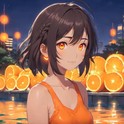 masterpiece, UHD, black hair, shapely, 1girl, orange crop top, detailed face, (beautiful and detailed orange glowing eyes:1.4), front shot, from bellow, smiling, full body, lake background, crystal clear water, park, night,