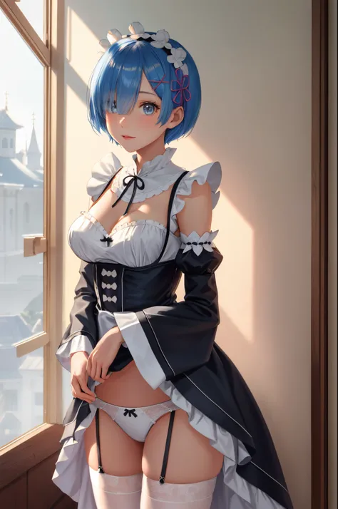 tall, Focus sharp, Pixiv masterpiece, ((Complicated details)), The content is very detailed, upper part of body, 1 busty girl, rem_floor plan about_praise, Blue hair, Short hair details, Maid uniform, hair adornments, low chest, maid headdress, Split sleev...