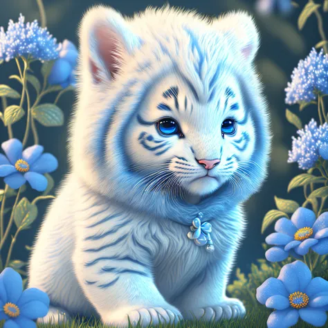 An adorable white tiger cub in this ultra-detailed CG art, surrounded by beautiful blue flowers, beste-Qualit, hight resolution, intricate detials, phantasy, Cute animals